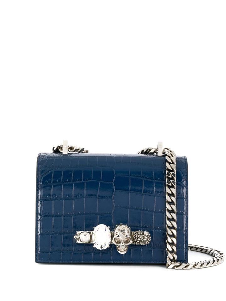 Alexander Mcqueen Knuckle Duster Crocodile-effect Shoulder Bag - Blue