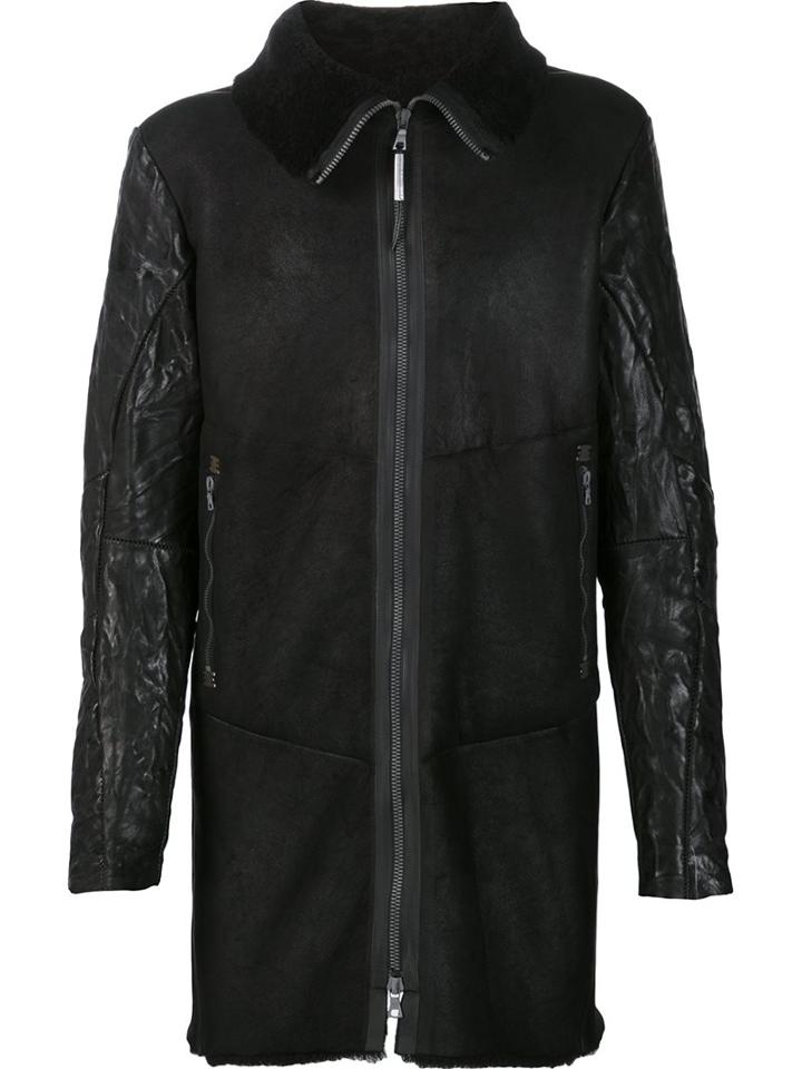 Isaac Sellam Experience Creased Sleeve Padded Coat, Men's, Size: Large, Black, Leather/rayon/goose Down