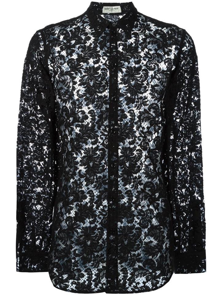 Saint Laurent Sheer Lace Shirt, Men's, Size: 39, Black, Cotton/polyamide/viscose
