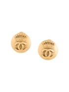 Chanel Vintage Crown Cc Round Earrings - Gold