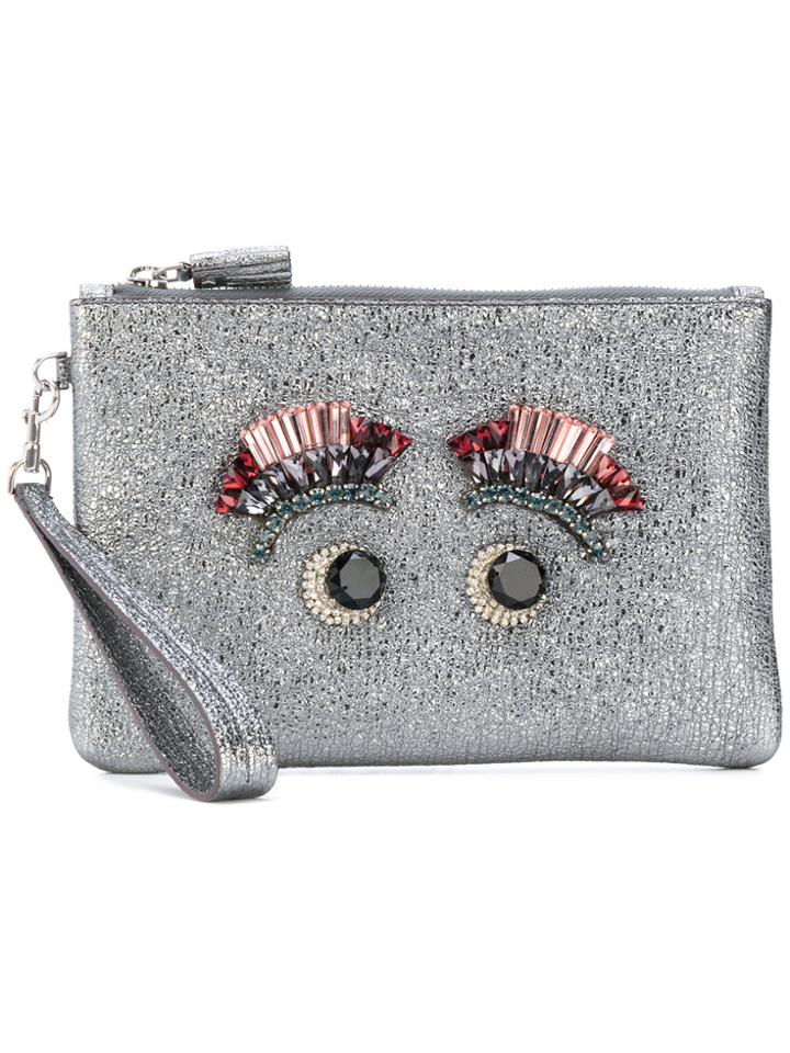 Anya Hindmarch Eyes Embellished Glittery Clutch - Grey