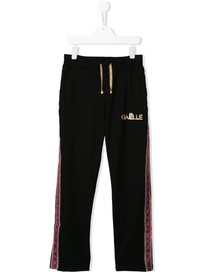 Gaelle Paris Kids Metallic Logo Side Stripe Track Pants - Black