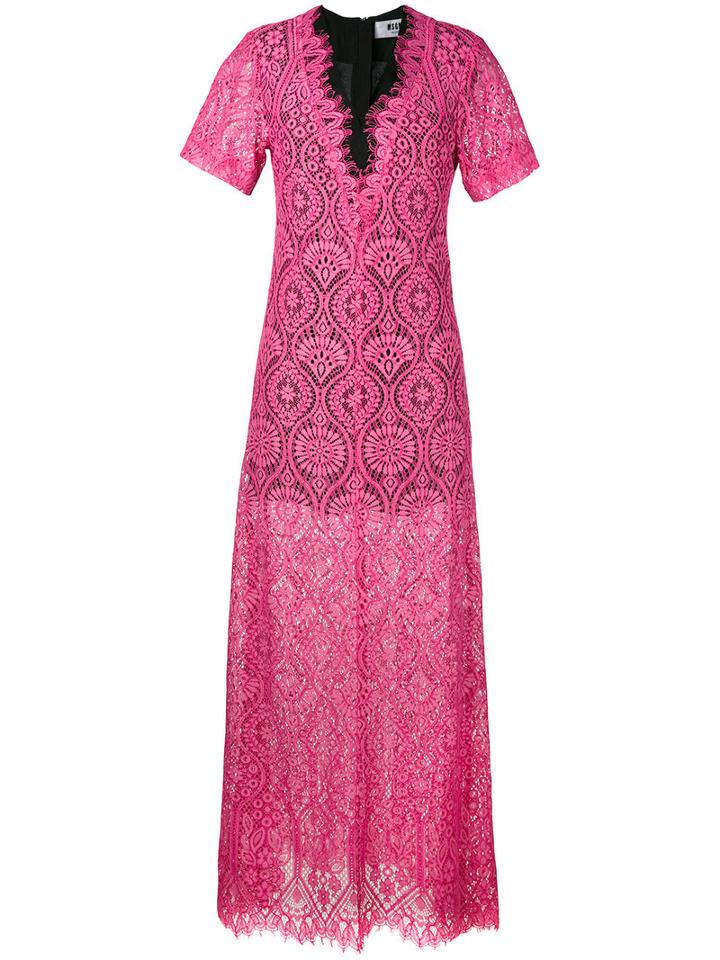 Msgm - Lace Sheer Long Dress - Women - Cotton/polyamide/viscose - 42, Pink/purple, Cotton/polyamide/viscose