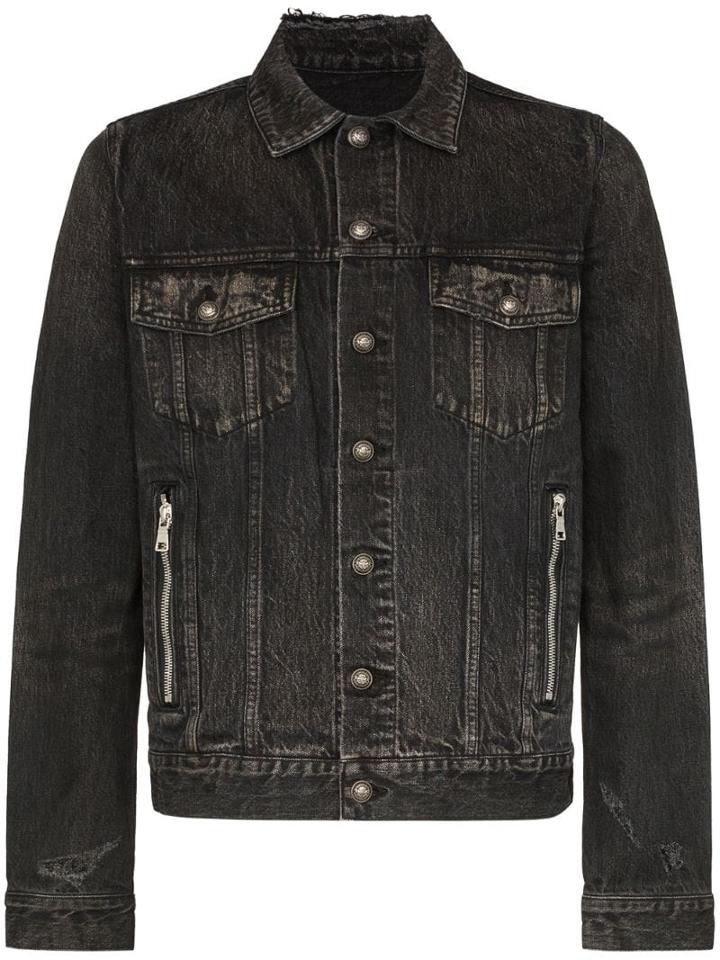 Balmain Stone-wash Denim Logo Jacket - Black