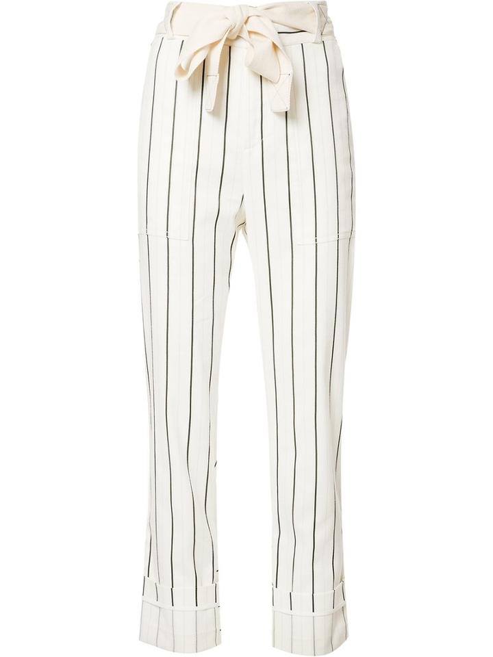 Derek Lam 10 Crosby Belted Striped Cropped Trousers, Women's, Size: 8, White, Cotton/linen/flax/viscose