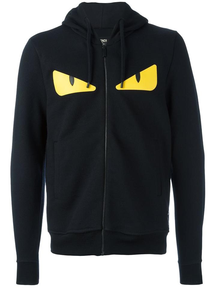 Fendi Bag Bugs Zip Hoodie, Men's, Size: 50, Black, Cotton/lamb Skin/wool