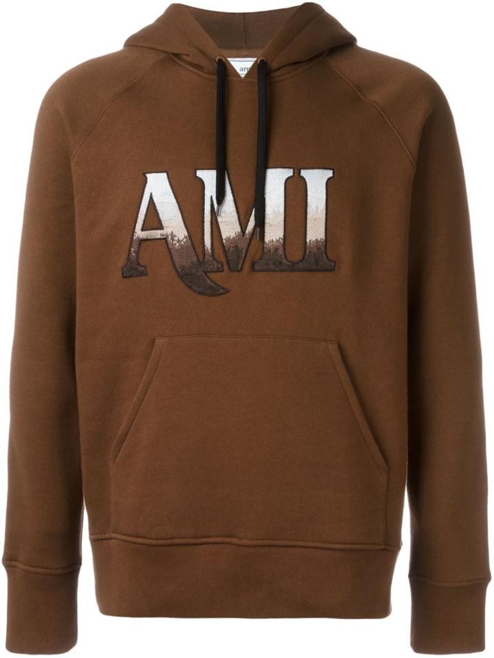 Ami Alexandre Mattiussi Embroidered Logo Hoodie, Men's, Size: 46, Brown, Cotton