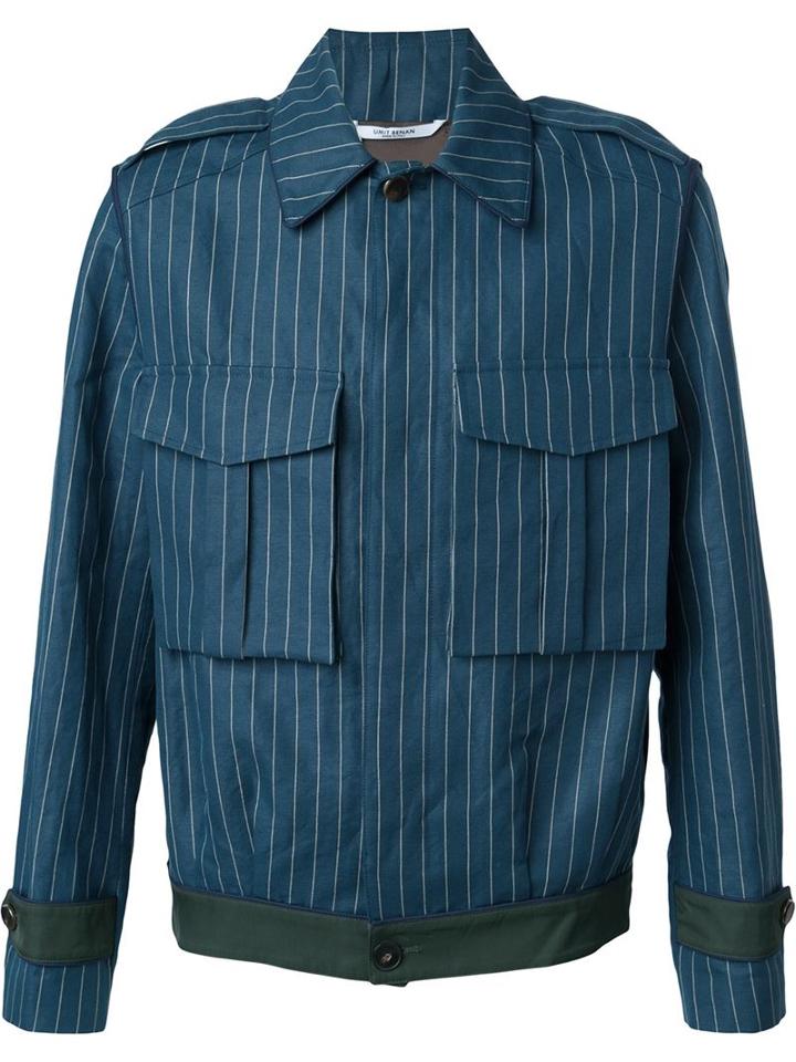Umit Benan Pinstriped Cargo Jacket, Men's, Size: 46, Blue, Cotton/linen/flax