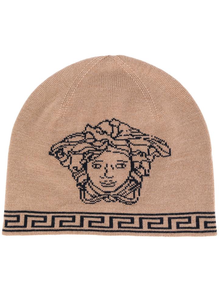 Versace Medusa Intarsia Beanie Hat - Nude & Neutrals