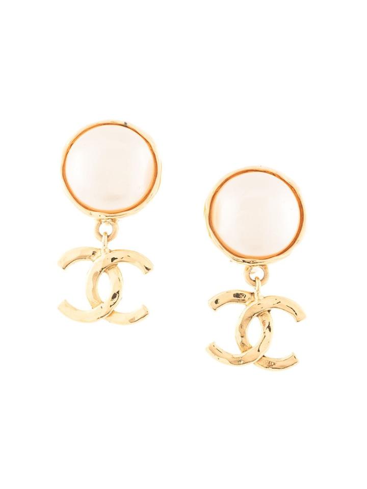 Chanel Vintage Faux Pearl Cc Earrings - Gold