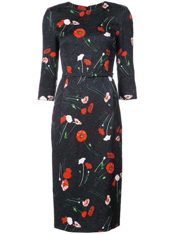 Oscar De La Renta Floral Belted Midi Dress - Black