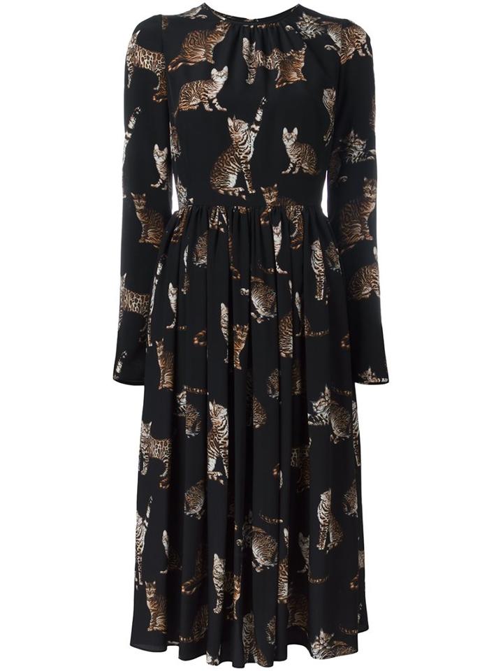 Dolce & Gabbana Bengal Cat Print Dress, Women's, Size: 38, Black, Silk/spandex/elastane
