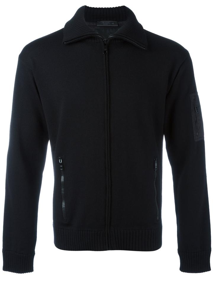 Prada High Neck Zipped Cardigan, Men's, Size: 50, Black, Cotton/wool