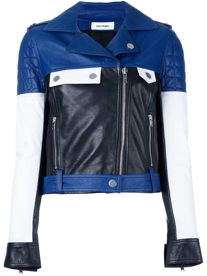 Courrèges Colour Block Biker Jacket, Women's, Size: 38, Blue, Cotton/lamb Skin/cupro
