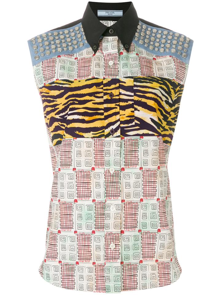 Prada Studded Printed Sleeveless Shirt - Multicolour
