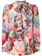 Gucci Hydrangea Print Ruffled Blouse, Women's, Size: 42, Red, Silk