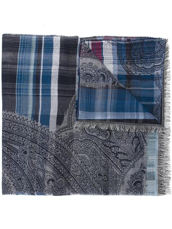 Etro Checked Scarf, Men's, Blue, Modal/cotton/viscose