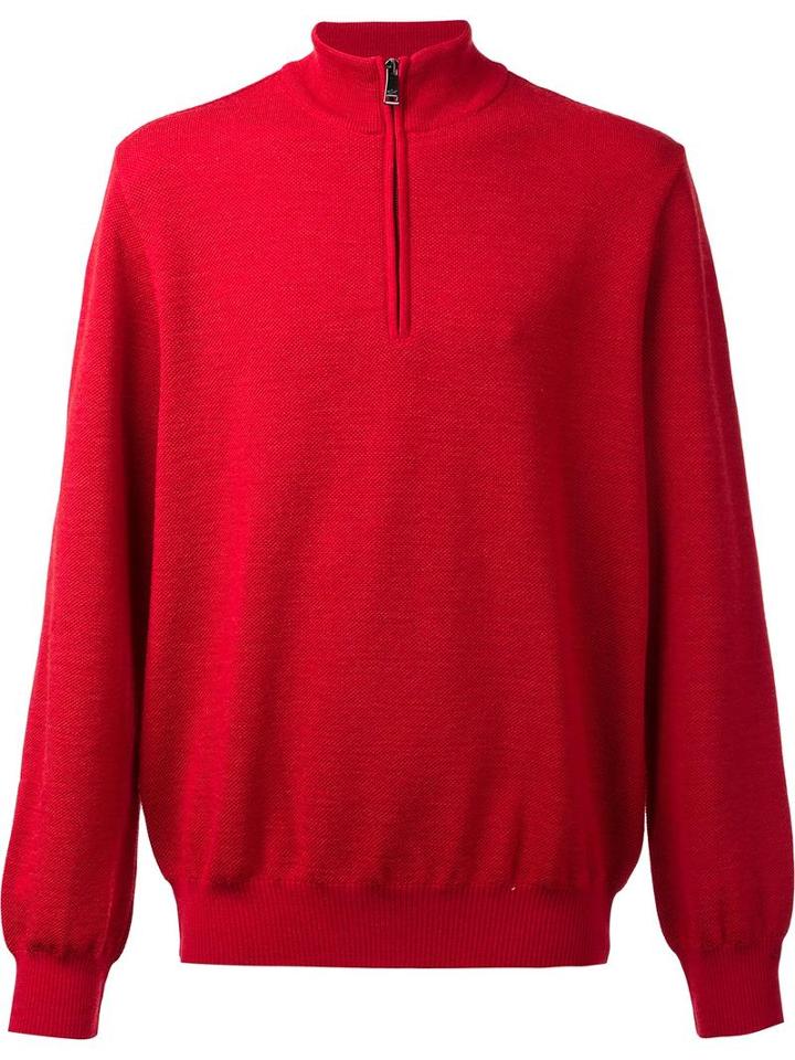 Paul & Shark Zipped Collar Fleece, Men's, Size: Large, Red, Virgin Wool