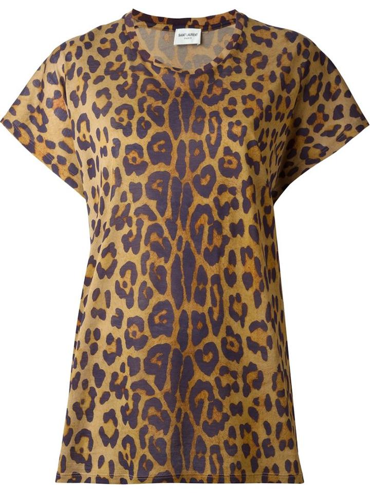 Saint Laurent Leopard Print T-shirt, Women's, Size: L, Brown, Cotton