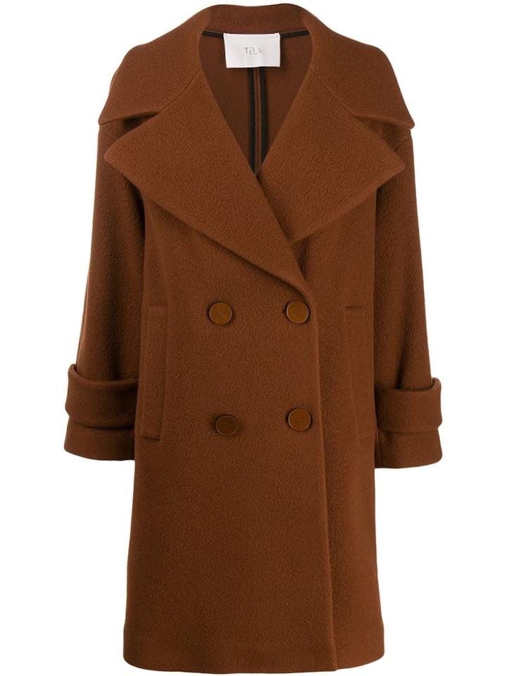 Tela Textured Boxy Double-breasted Coat - Brown