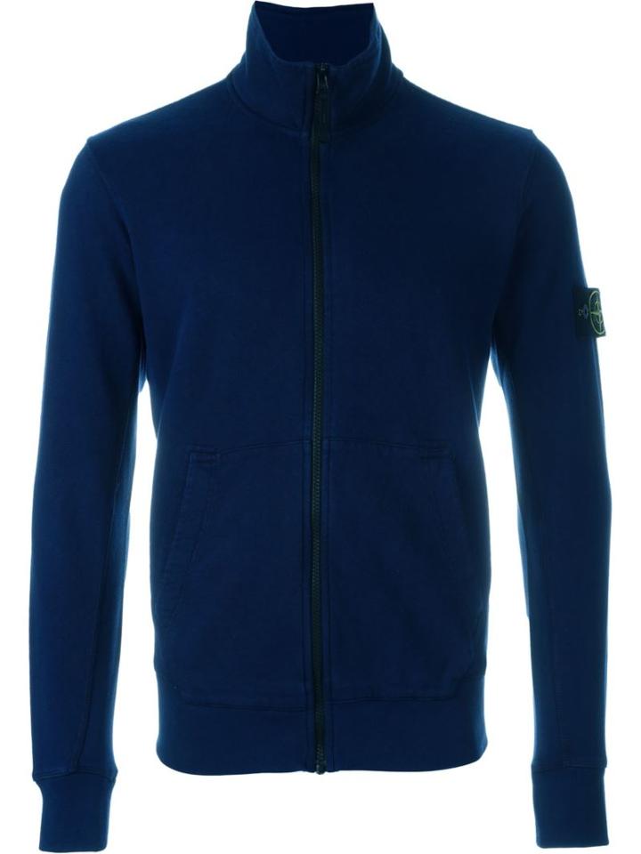 Stone Island Zip-up Cardigan With Logo Patch On Sleeve, Men's, Size: Xxl, Blue, Cotton