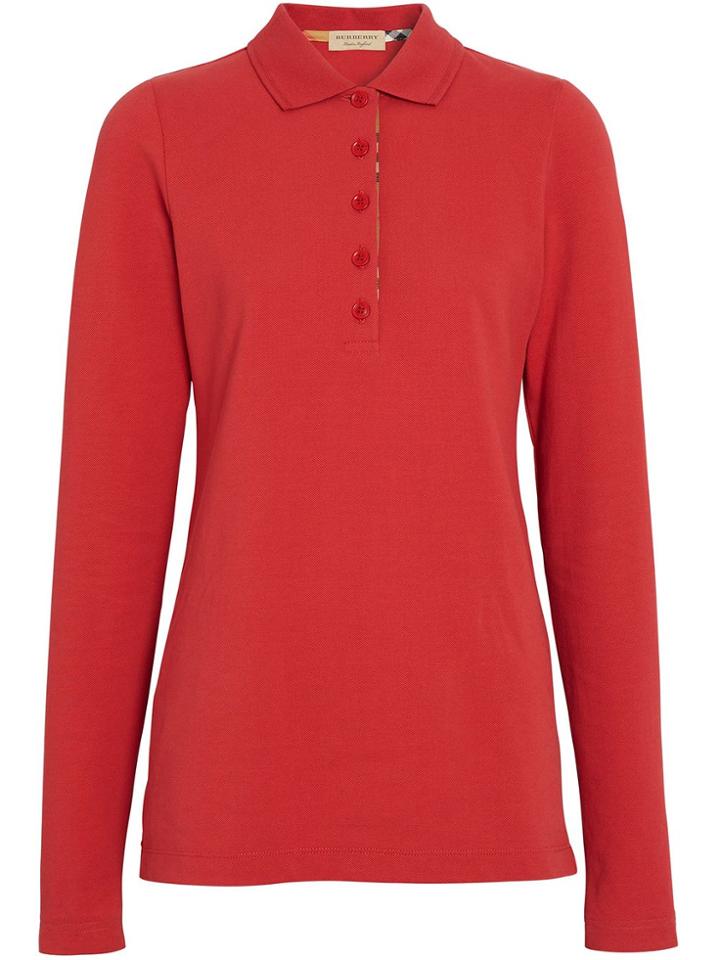 Burberry Long-sleeve Check Placket Cotton Piqué Polo Shirt - Red