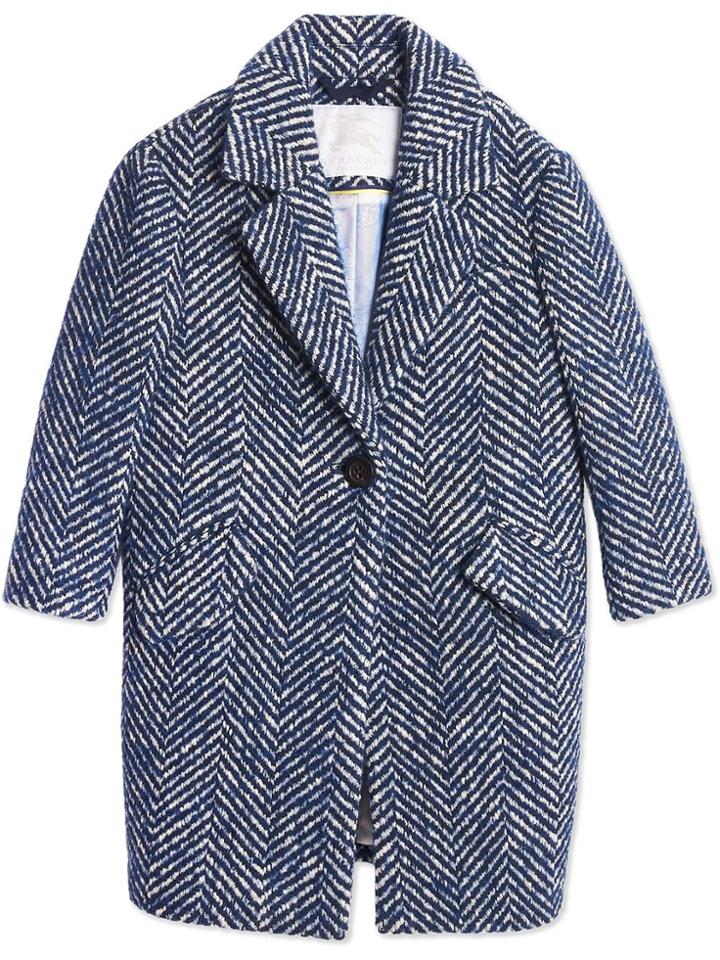 Burberry Kids Teen Herringbone Wool Cotton Blend Tailored Coat - Blue