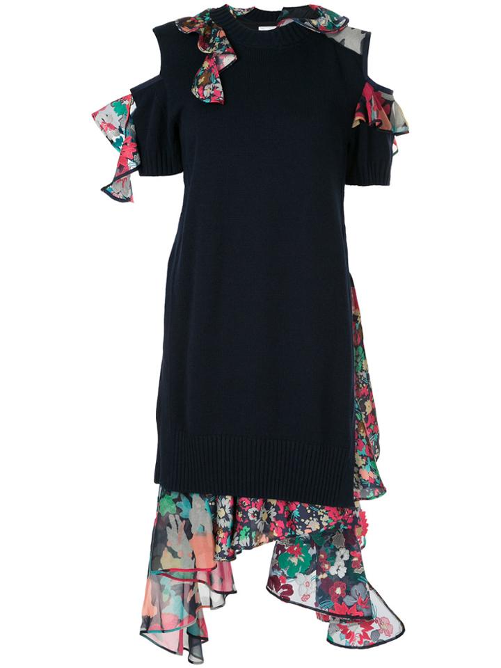 Sacai Floral Ruffle-trimmed Knit Dress - Blue