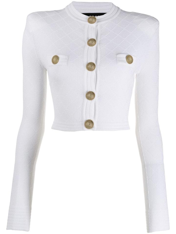Balmain Diamond Knitted Cropped Cardigan - White