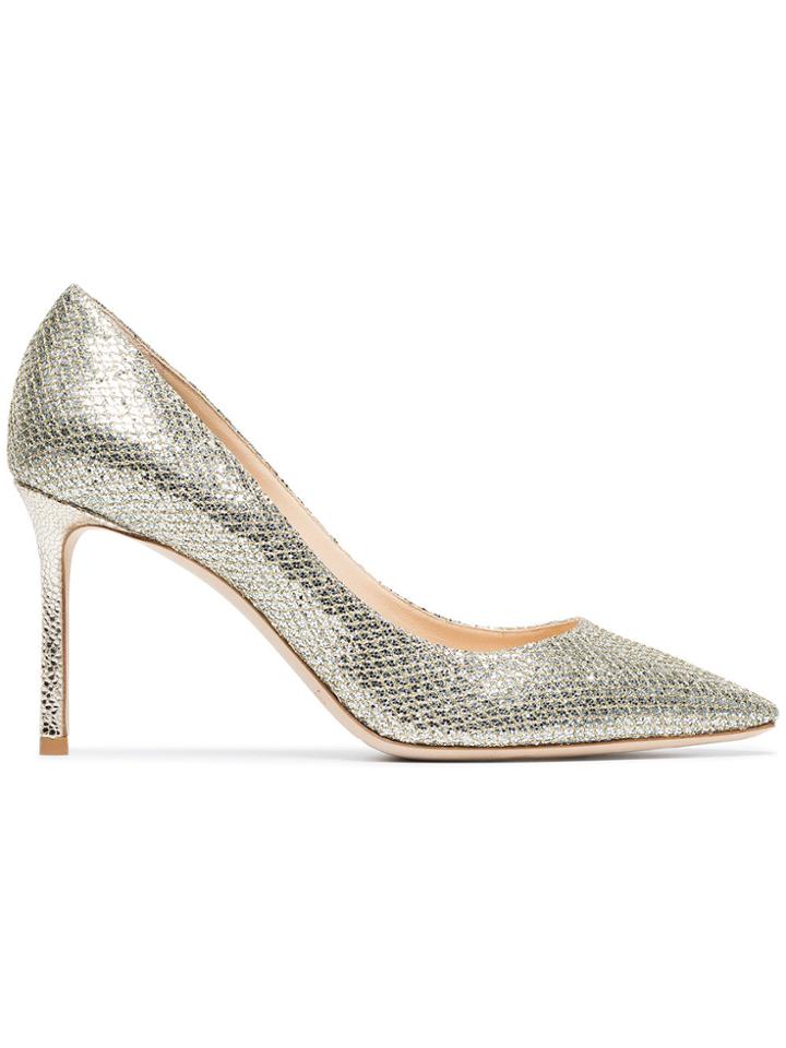 Jimmy Choo Metallic Silver Romy 85 Glitter Leather Pumps