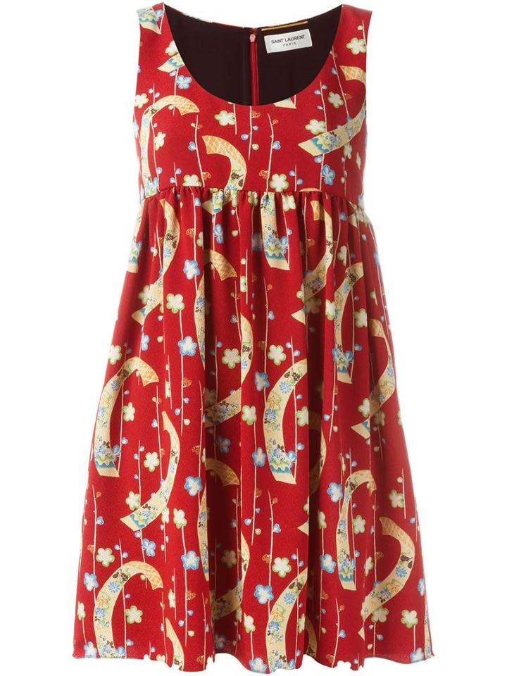 Saint Laurent Printed Babydoll Dress, Women's, Size: 38, Red, Polyester/silk