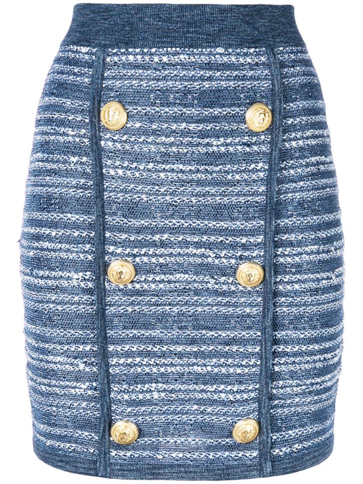 Balmain Tweed Button Skirt - Blue