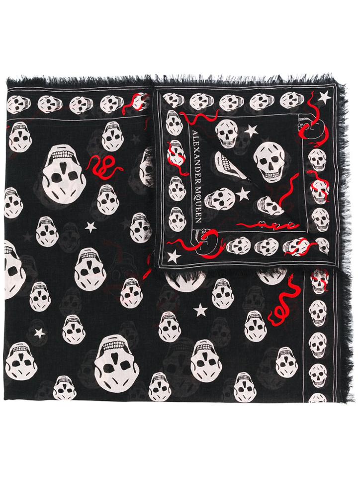 Alexander Mcqueen Classic Skull Scarf With Snakes - Black