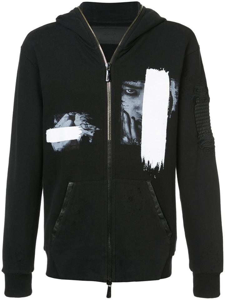 Rh45 Graphic Print Zip Front Hoodie - Black