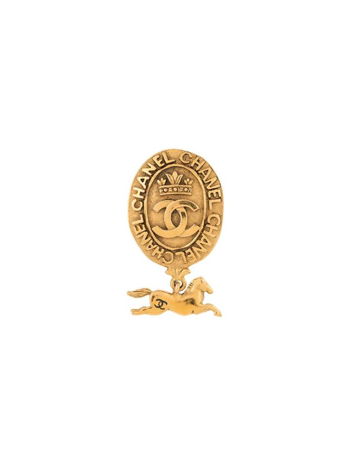 Chanel Vintage Logo Horse Oval Brooch - Metallic