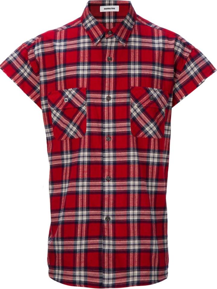 Monkey Time Checked Short-sleeved Shirt, Men's, Size: L, Red, Cotton