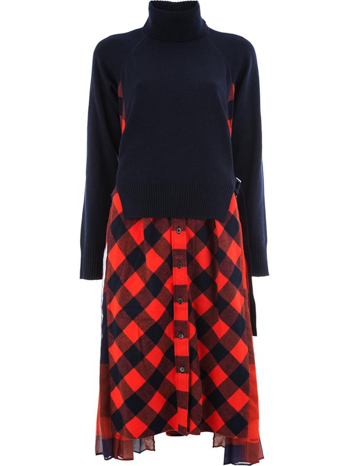 Sacai Tartan Turtleneck Dress - Red