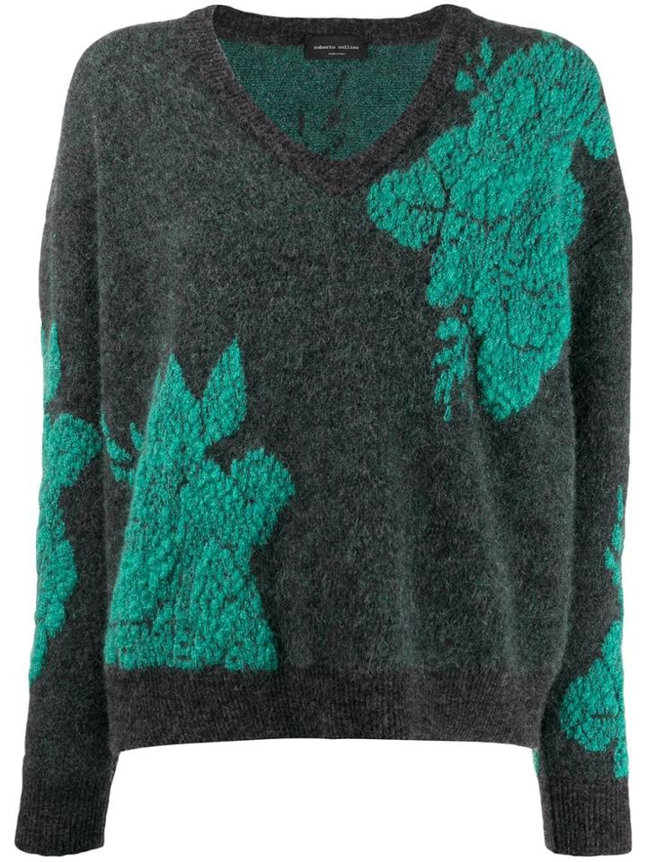 Roberto Collina V-neck Floral Knit Sweater - Green