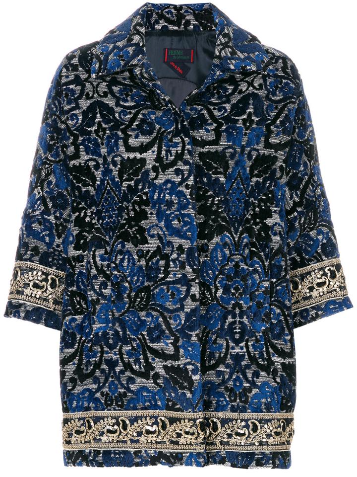 Femme By Michele Rossi Embroidered Floral Coat - Blue