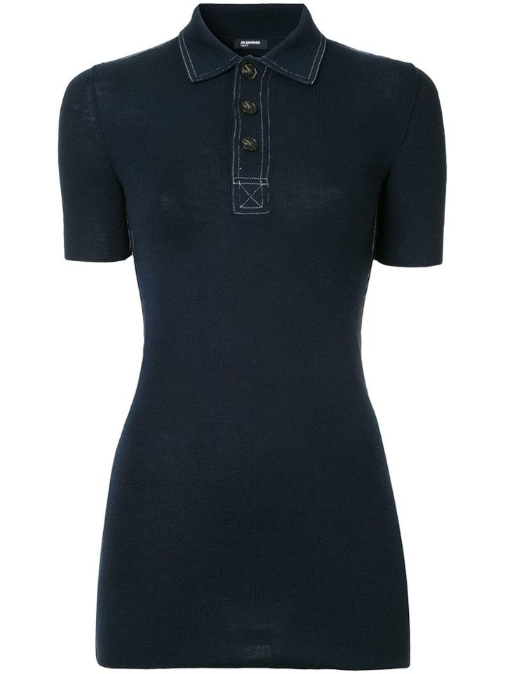 Jil Sander Navy Contrast Stitch Polo Jumper - Blue