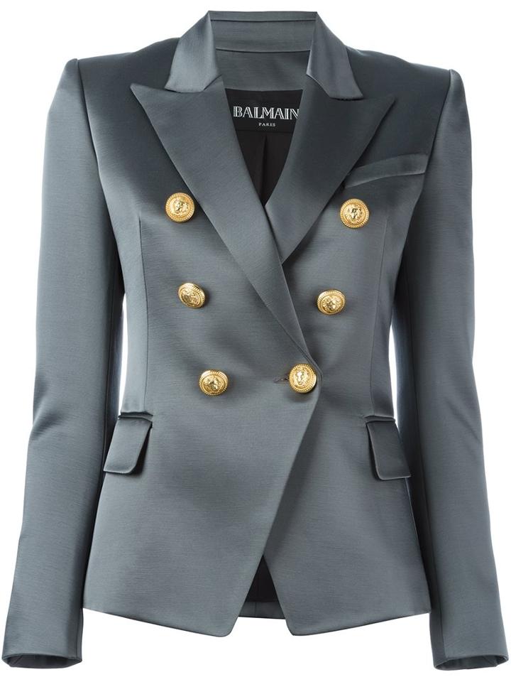 Balmain Double Breasted Blazer, Women's, Size: 42, Grey, Cotton/acetate/viscose