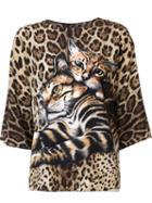 Dolce & Gabbana Kitten Print Blouse, Women's, Size: 48, Brown, Silk