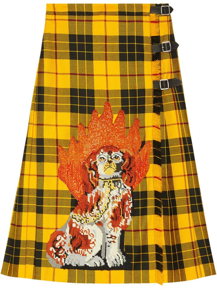 Gucci - Embroidered Tartan Wool Skirt - Women - Wool - 42, Yellow/orange, Wool