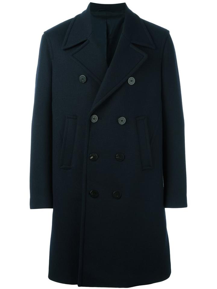 Neil Barrett Double Breasted Overcoat, Men's, Size: 52, Blue, Cotton/polyamide/polyester/wool