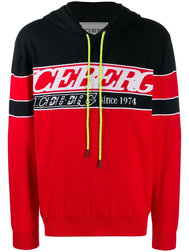 Iceberg Logo Print Panelled Hoodie - Red