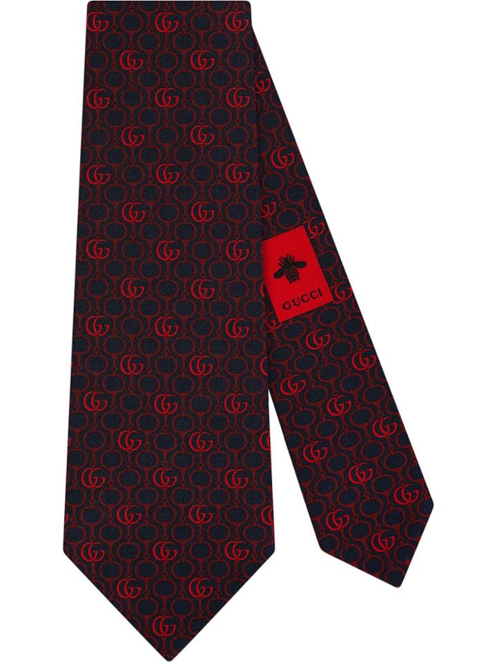 Gucci Double G Horsebit Chain Silk Tie - Blue