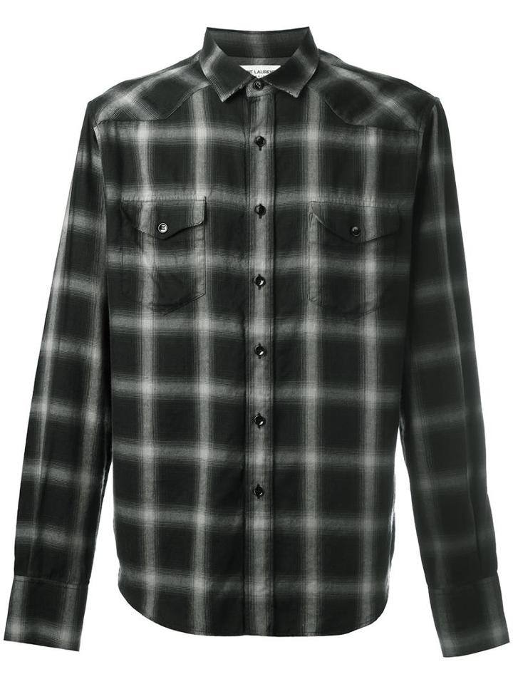 Classic Western Plaid Shirt, Men's, Size: 42, Black, Cotton/tencel, Saint Laurent