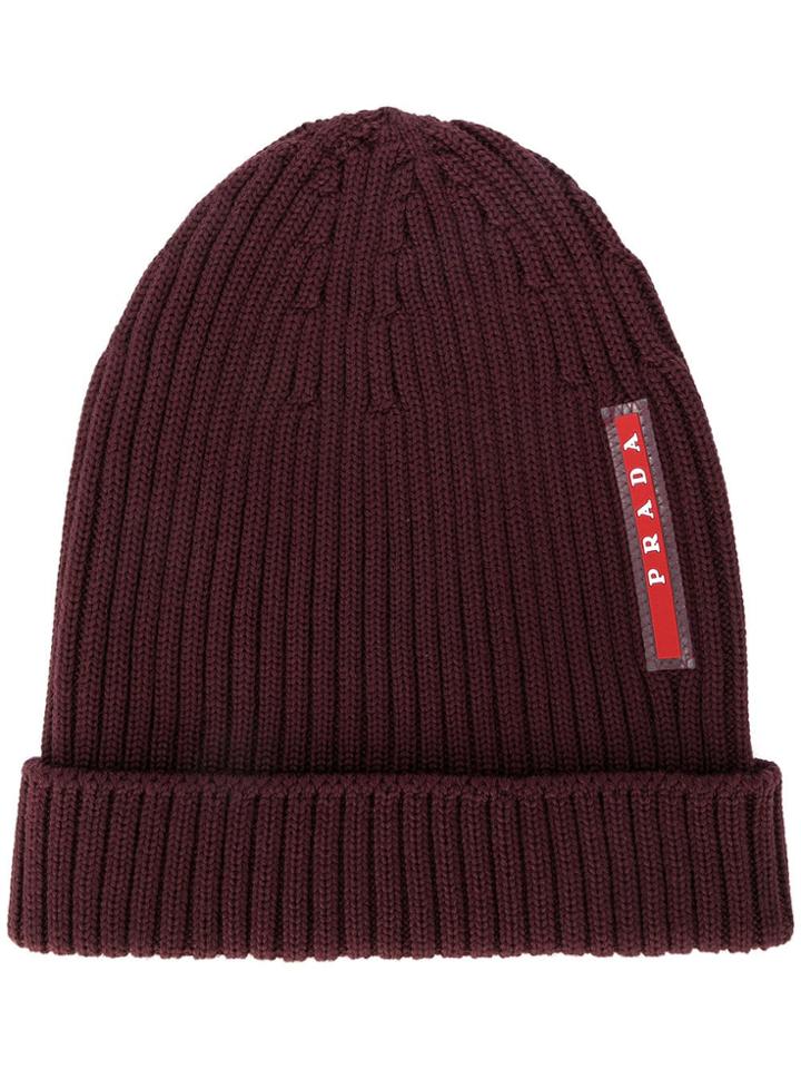 Prada Ribbed Logo Beanie - Red