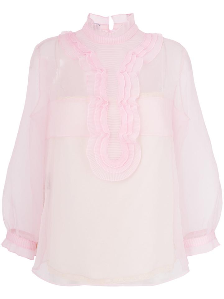 Prada Semi-sheer Ruffle Placket Blouse - Pink & Purple