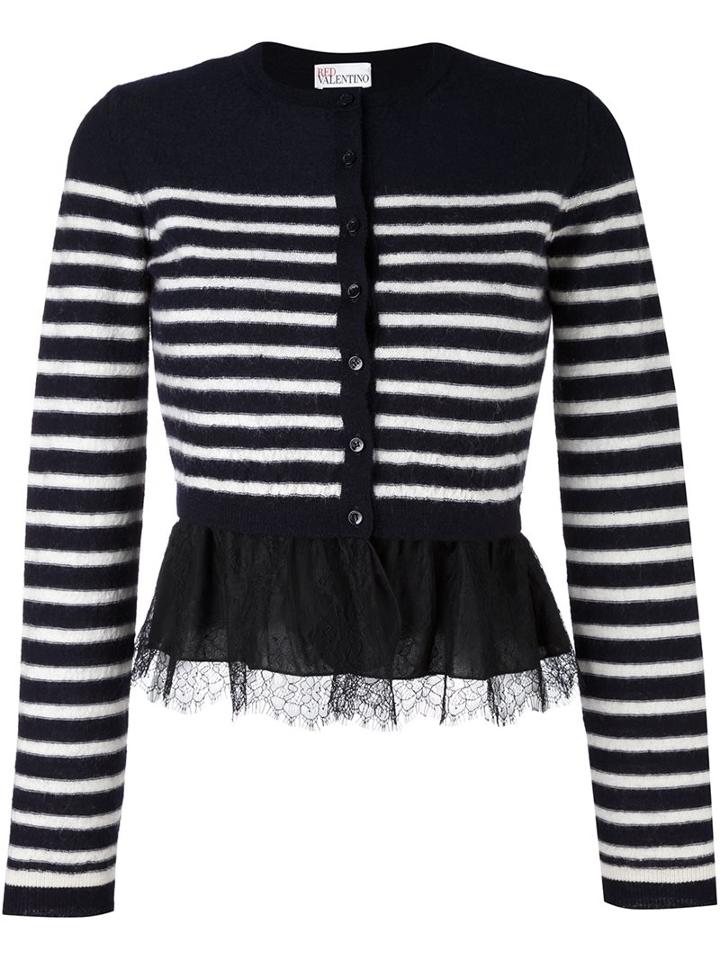 Red Valentino Striped Ruffle Hem Cardigan, Women's, Size: Large, Blue, Polyamide/virgin Wool